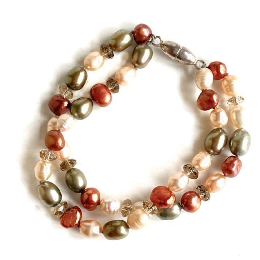 Double Strand Handknotted Rust Green Peach Cream Pearl Bracelet Top VIew