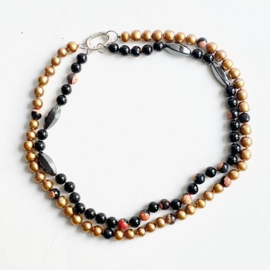 Double Strand Koi Hematite Gold Pearl Mottled Orange Black Agate Hand-knotted Adaptive Necklace Top View