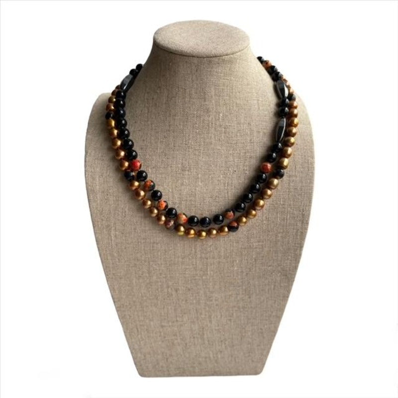 Double Strand Koi Hematite Gold Pearl Mottled Orange Black Agate Hand-knotted Adaptive Necklace shown on Linen Bust Front View