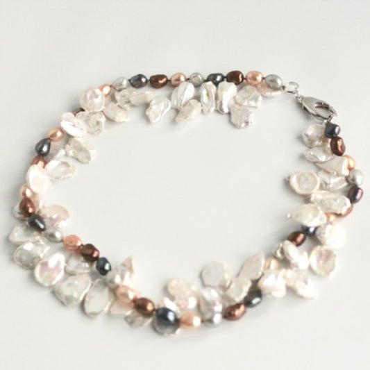 Double Strand Keshi and Multi-coloured Knotted Pearl Necklace Flatlay