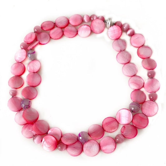 Double strand close-fitting knotted pink Mother-of-pearl  coin bead necklace with pink-striped faceted grey agates and pink cat's eye beads