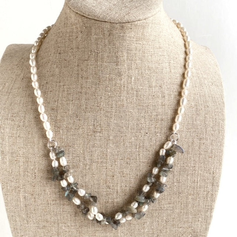 Another front view of the double segment 18-inch centred pearl and gray Labradorite chip necklace on the linen bust