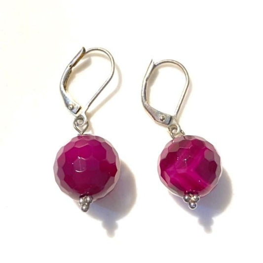 Facetted Large 1/2" Fuchsia Agate Single Drop Earrings on Plain Silver-plated Lever Backs