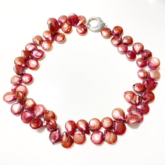 Fancy knotted 17" cranberry coloured coin pearl choker top view