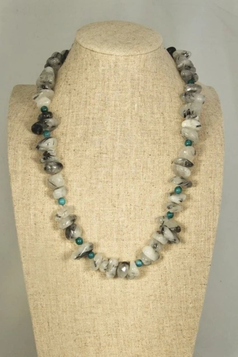 Front View Hand-knotted Gray Rutilated Quartz Turquoise Bead Necklace