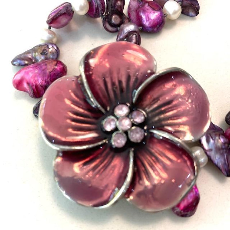 Closeup of the Big Purple Glazed Flower Focal in the Hand-knotted Fuchsia Pearl Necklace