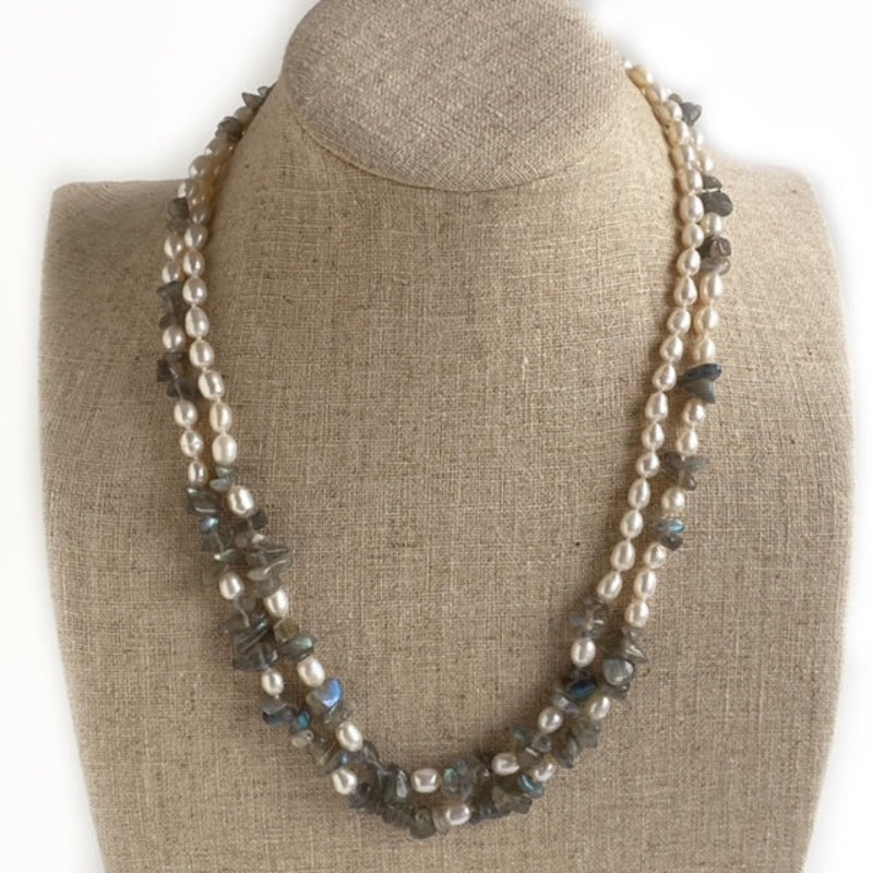 Closeup view of the full double strand hand-knotted white pearl and Labradorite chip 18-1/2