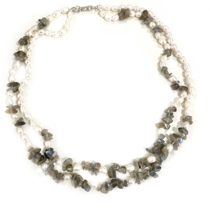 Double Strand 18-inch hand-knotted white pearls and gray  labradorite chip necklace top view