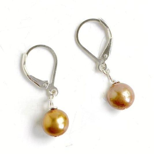 Gold Dyed Freshwater Pearl Single Drop Earrings with Sterling Silver Plain Lever-back Earrings Top View