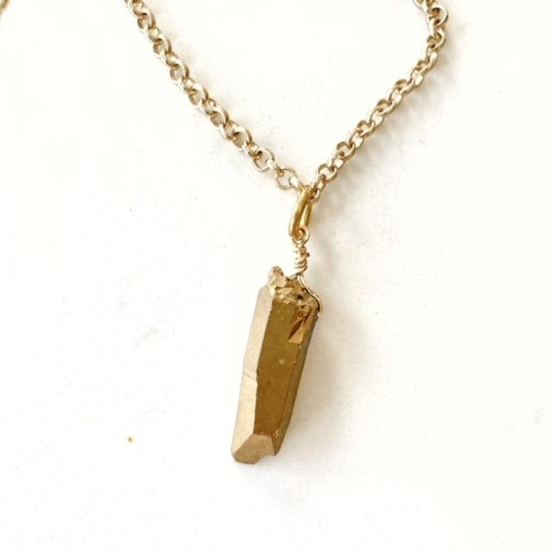 Gold Electroplated Quartz Crystal Spike Pendant Necklace 16