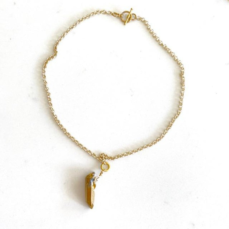 Gold Electroplated Quartz Crystal Spike Pendant Necklace 16