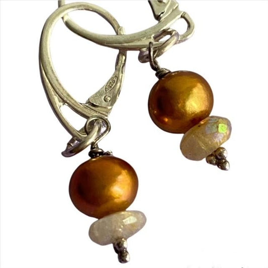 Gold dyed freshwater pearl yellow facetted quartz crystal sterling silver contemporary leverback earrings
