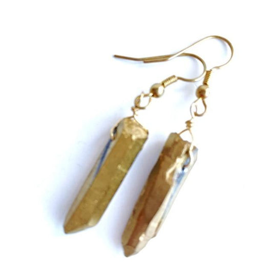 Gold Electroplated Quartz Crystal Spike Long 2 1/8" Dangling Earrings