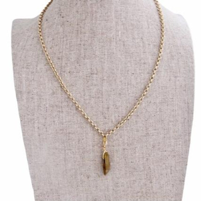 Gold Electroplated Quartz Crystal Spike Pendant Necklace 16