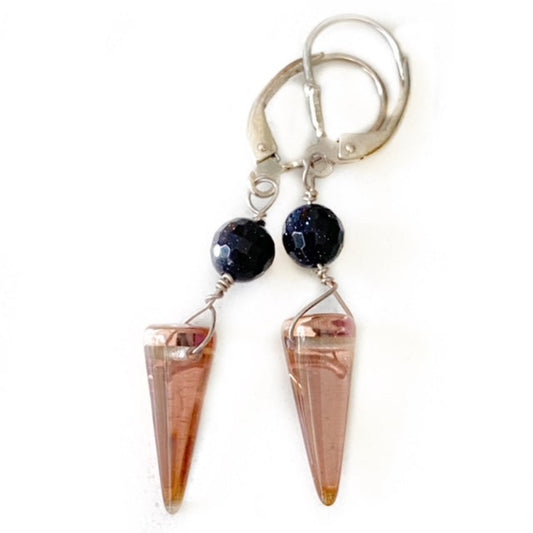 Rose gold Preciosa Spike blue goldstone dangling earrings on sterling silver lever-back ear wires top view