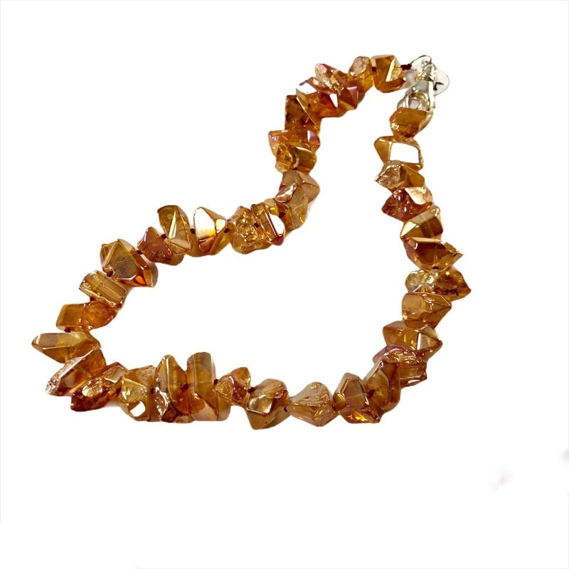 Golden-orange electroplated quartz rounded Spike knotted nugget statement Necklace