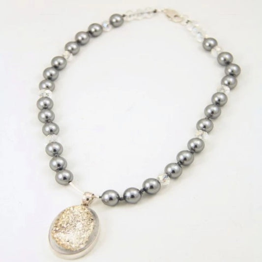 Gray Shell Pearl Silver Drusy "Woman in Motion" Necklace Top View