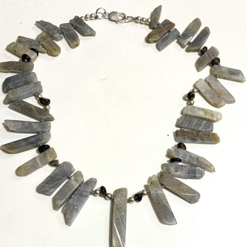 Chunky gray Labradorite 21-inch knotted flat spike collar necklace top view