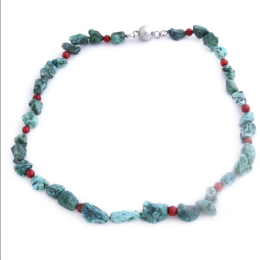 Green Malachite and Red Bead 18-inch Knotted Necklace with Magnetic Clasp Top View