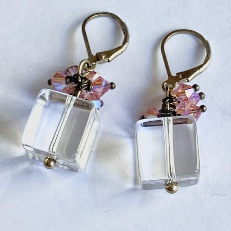 Clear cube bead with sparkling pink wire-wrapped crystals to look like a present sterling leverback style top view