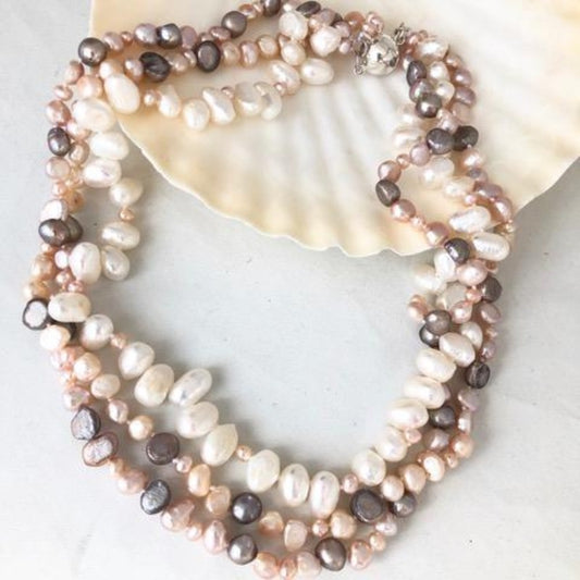 Triple Strand Pink, Lavender and White Pearl Necklace 17-1/2" long