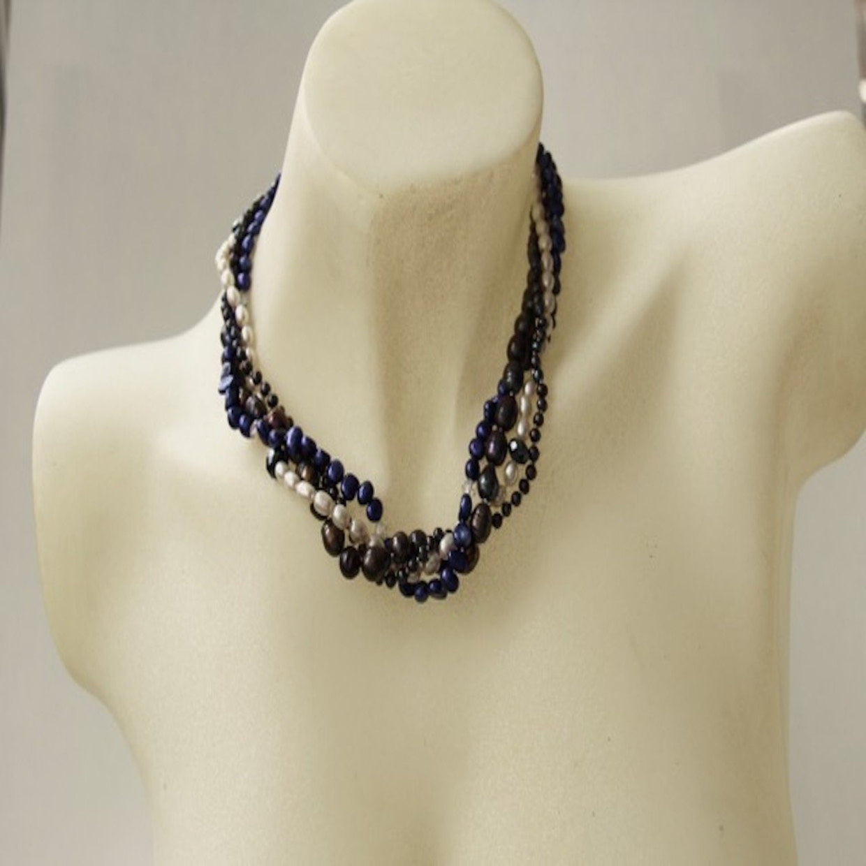 Four Strand Versatile Blue, White and Inky Black Pearl Necklace