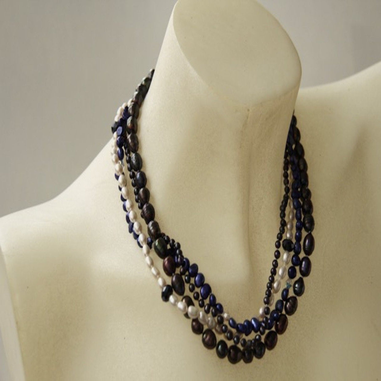 Four Strand Versatile Blue, White and Inky Black Pearl Necklace