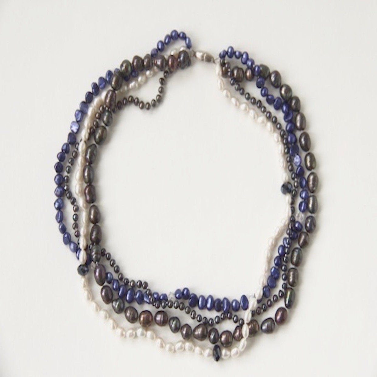 Four Strand Versatile Blue, White and Inky Black Pearl Necklace