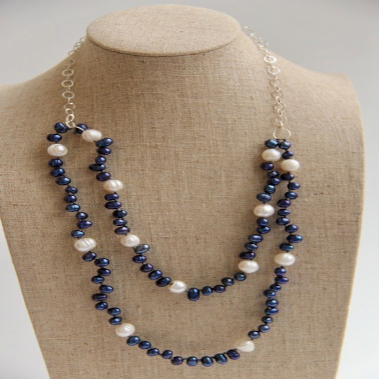 Double Strand Blue and White Draped Pearl Necklace