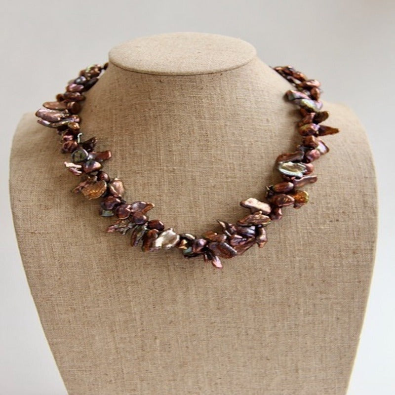 Maroon Double Strand Hand-knotted Keshi Pearl Necklace shown worn twisted on Linen Bust