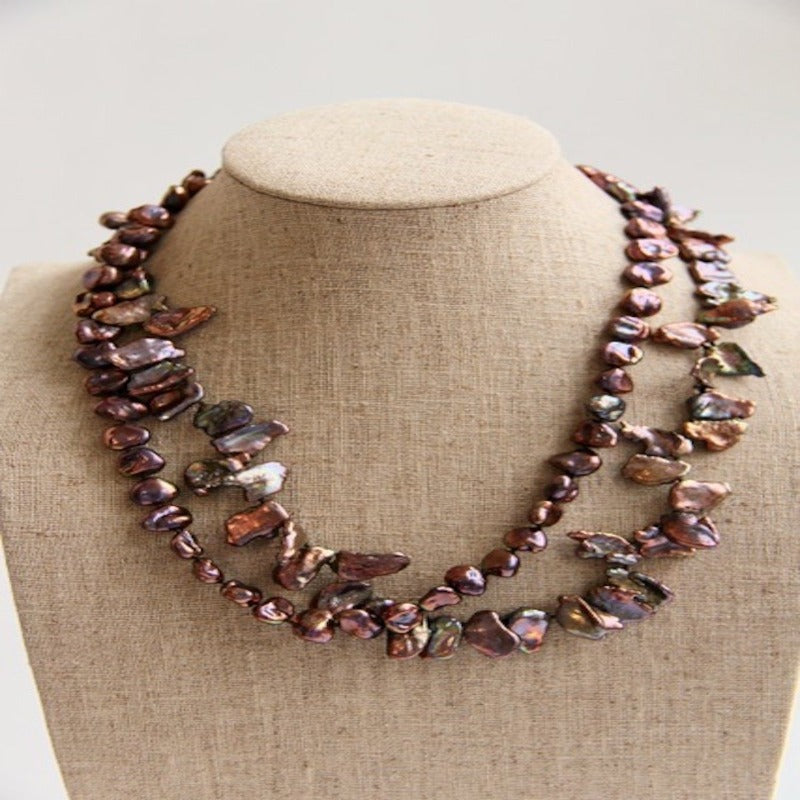 Maroon Double Strand Hand-knotted Keshi Pearl Necklace shown loosely draped style on Linen Bust