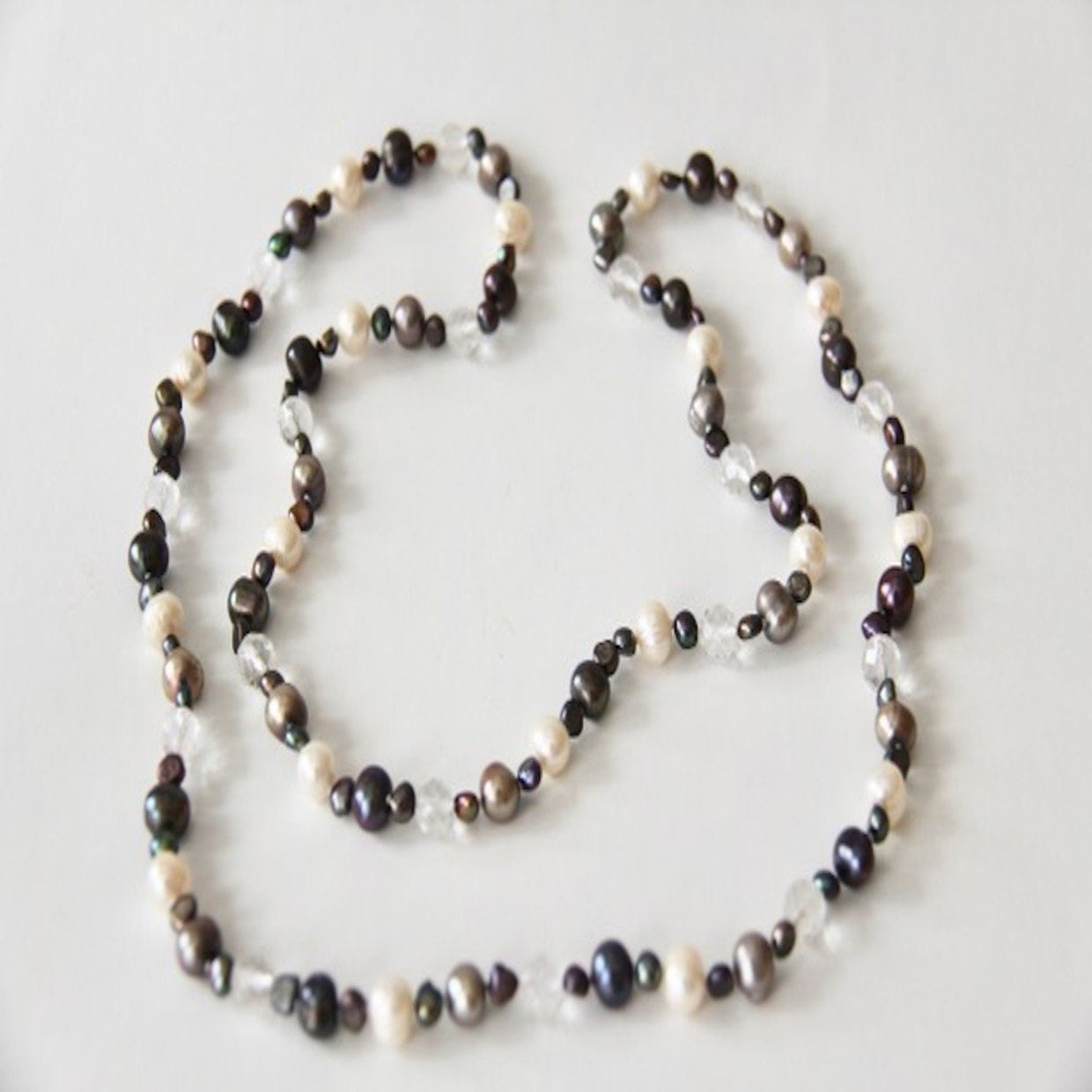 Long Versatile 35 Inch Cream and Black Pearl and Crystal Necklace