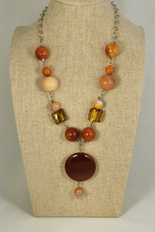 Front View Agate Foil Glass Carnelian Focal Necklace