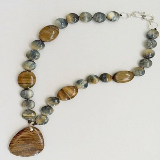 Tiger Eye Semiprecious  21 Inch Hand-knotted Necklace with sterling silver s-hook clasp