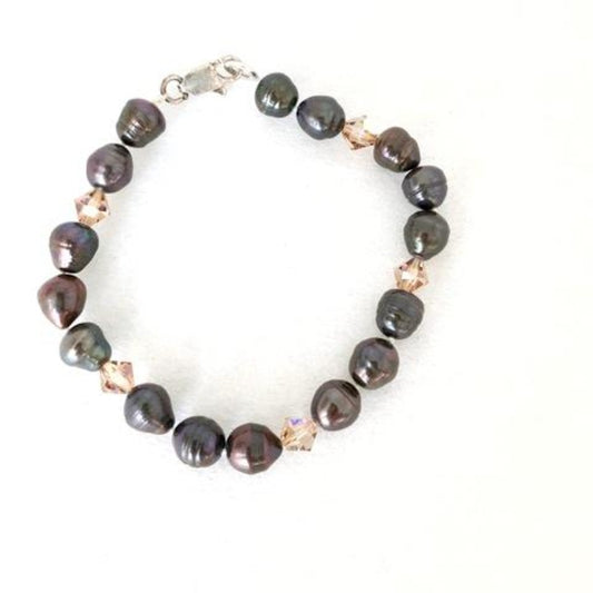 Inky Black Hand-knotted Pearl Bracelet with Taupe Crystal Accents Top View