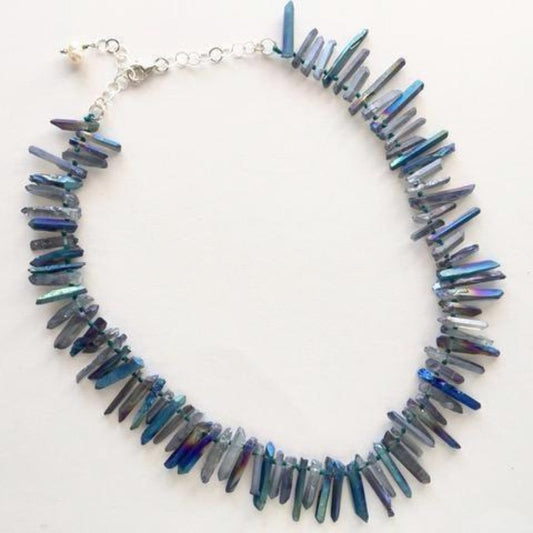 Iridescent Blue Crystal Spike 21" Hand-knotted Power Necklace top view