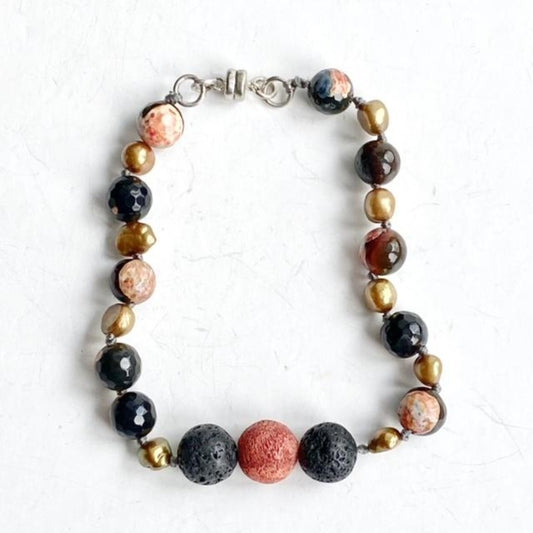 Koi-inspired Orange/Black Agate Pearl Lava Rock Essential Oil Bracelet with Magnetic Clasp