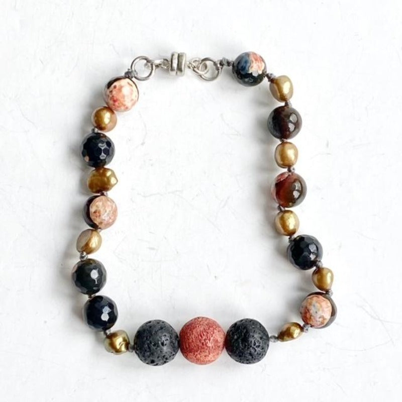Koi-inspired Orange/Black Agate Pearl Lava Rock Essential Oil Bracelet with Magnetic Clasp