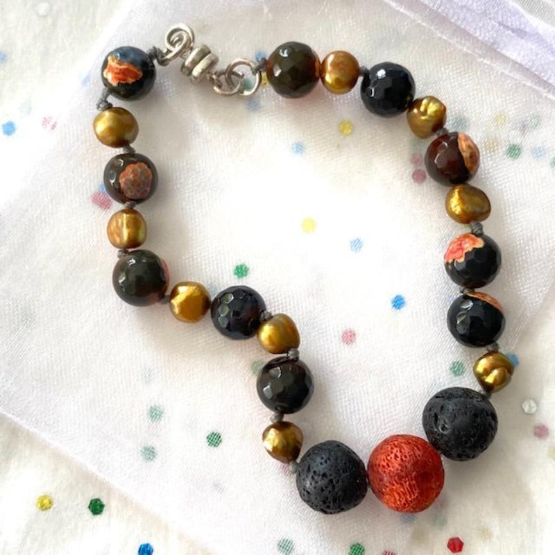 Koi inspired Orange Black Agate Gold Pearls Handknotted Lava Rock Essential Oil Bracelet with gift bag