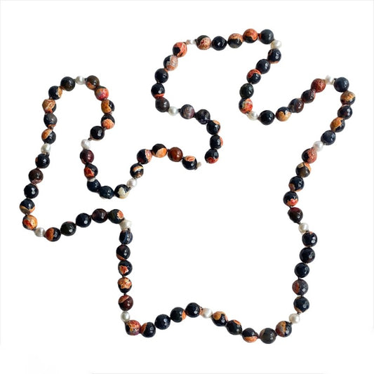 Koi Long Hand-knotted Single Strand Orange Agate White Pearl Necklace shown Top View