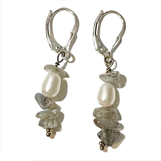 Labradorite Chip White Pearl Sterling Silver Lever-back Earrings Side View