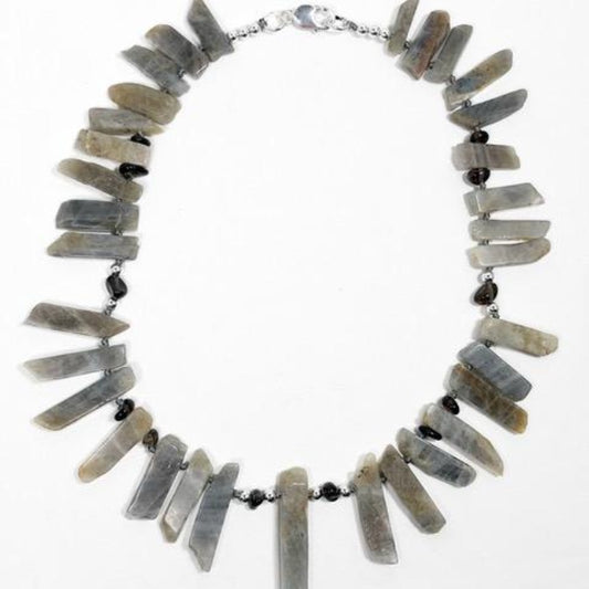 Chunky gray Labradorite Flat Spike 21" Hand-knotted Collar Necklace Top view