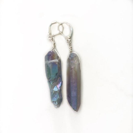 Lavender Electroplated Quartz Crystal Spike 2 1/2" Long dangling earrings Top View