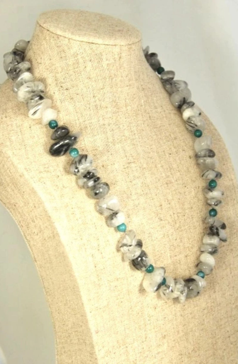 Left Side View Gray Rutilated Quartz Turquoise Bead Necklace