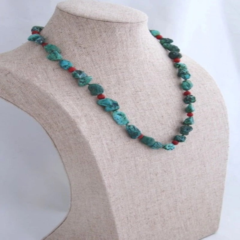 Left Side View Malachite and Red Bead Hand-knotted Necklace