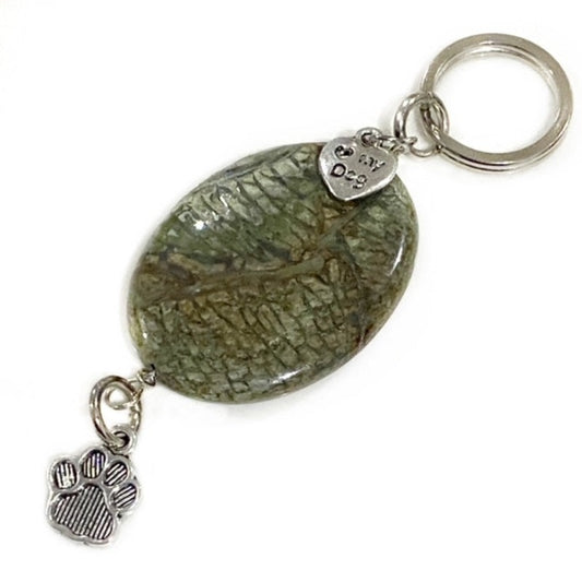 Light-green Rainbow Quartz Pet charm with two metal charms on slip-on ring top view