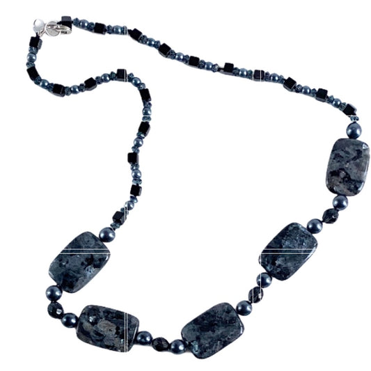 Long Chunky Labradorite Hand-knotted Necklace with Crystal and Black Accents