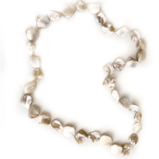 Long 28-inch Knotted light beige Mother-of-pearl shell necklace no clasp top view