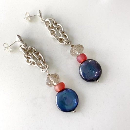 Long Dangling Silver Chain Blue Coin Pearl Stud Earrings Top View