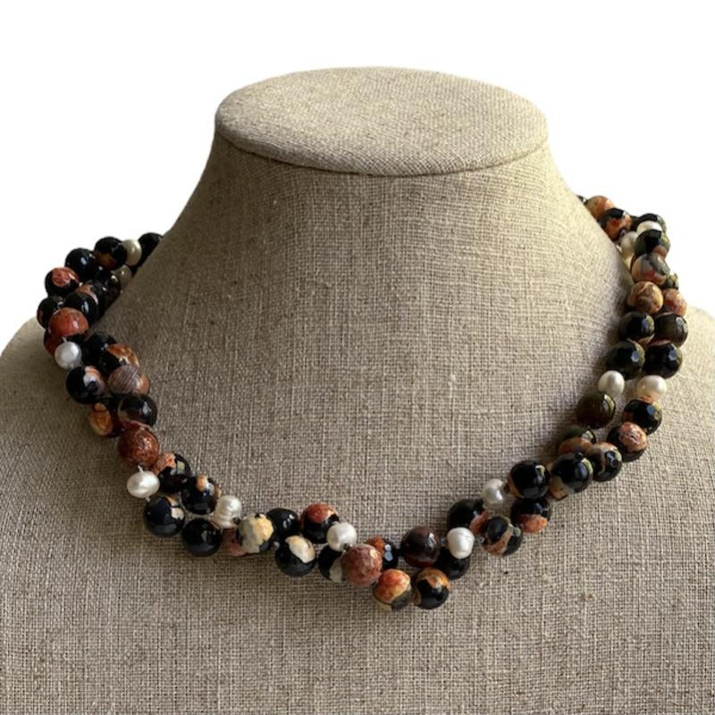 Koi Long Hand-knotted Single Strand Orange Agate White Pearl Necklace shown twisted doubled on Linen Bust
